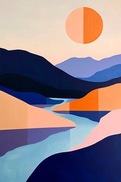 Abstract landschap met zon en rivier van Poster Art Shop