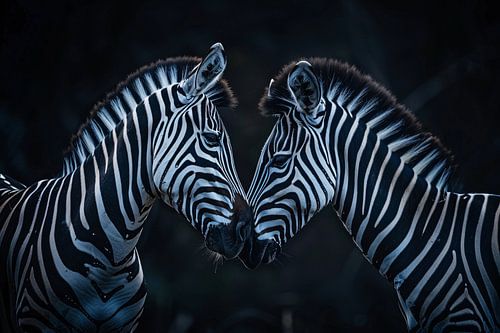 Twee zebra’s in donkere omgeving