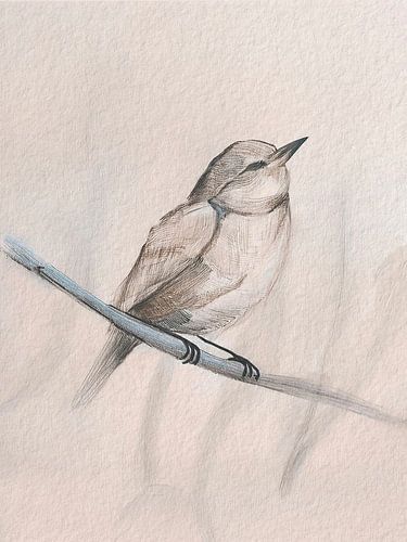 Minimalistische Malerei: Kleiner Vogel auf einem kahlen Ast