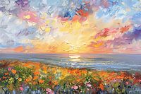 Abstracte zonsondergang met bloemen en oceaan