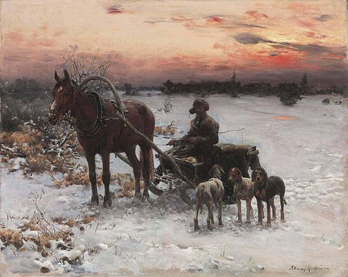 Un traîneau tiré par un cheval dans un paysage hivernal au crépuscule