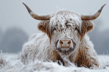 Wintervoogd: Schotse Hooglanders in de sneeuw - een kunstwerk voor liefhebbers van winterse natuur van Felix Brönnimann