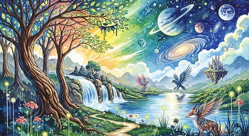 Watercolor Illustration of Fantasy Landscape with Animals and Ce