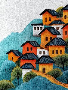 Village coloré sur une colline. Toile grossière.