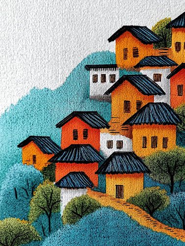 Kleurig dorpje op een heuvel. Grof canvas.