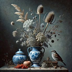 Stil Leven in Blauw – Delfts blauw bloemen in een vaas van Kleurenrijk