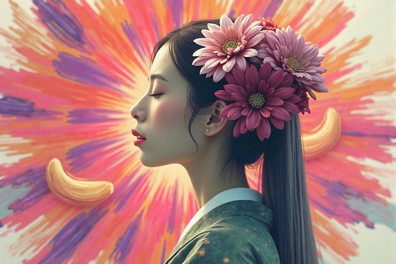 Colourful Elegance - Chinese Woman Portrait with Flowers by Kleurenrijk
