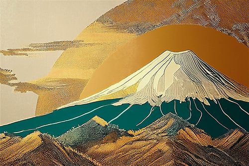 Abstract Japans landschap: Berg Fuji met gouden zon