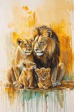 Peinture d'une famille de lions chaleureux sur Imperial Art House