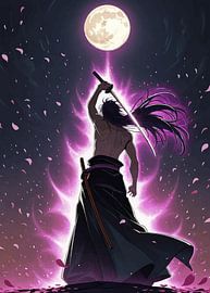 Einsamer Ronin-Samurai-Krieger mit Katana bei Nachtmond