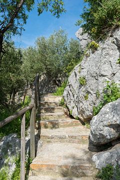 stenen trap bij oud kasteel in Spanje