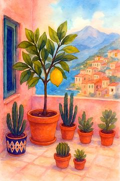 Mediterraans balkon met citroenen schilderij. van Johannes
