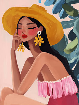 Portrait moderne d'une femme portant un chapeau d'été jaune
