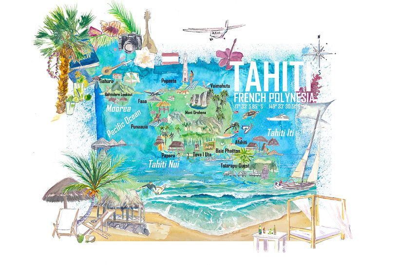 Tahiti geïllustreerde reiskaart met wegen en hoogtepunten van Markus Bleichner