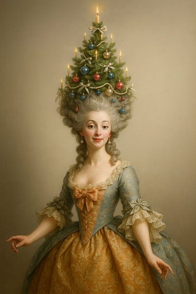 Rococo portrait of lady with festive hairstyle in the shape of a Christmas tree by But First Framing