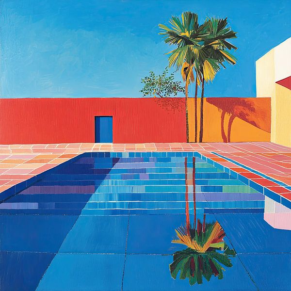 Schilderij van zomers zwembad en kleurrijke architectuur van Vlindertuin-Art