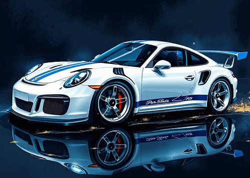 The Porsche 911 GT3 RS White and Blue Stripes Reflection