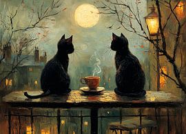 Two cats and a cup in the moonlight by Erika Kaisersot