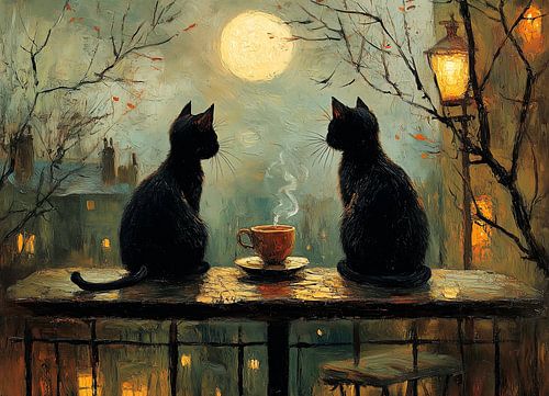 Twee katten en een kopje in het maanlicht