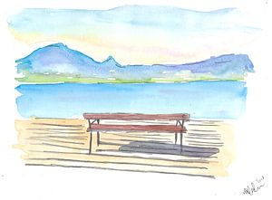 Stille und Einsamkeit mit der Zen-Bank am See mit Bergen