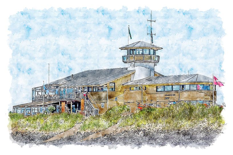 Strandpavillon Panta Rhei, Über dem Meer und der Rettungsschwimmer in Vlissingen (Aquarell) von Art by Jeronimo