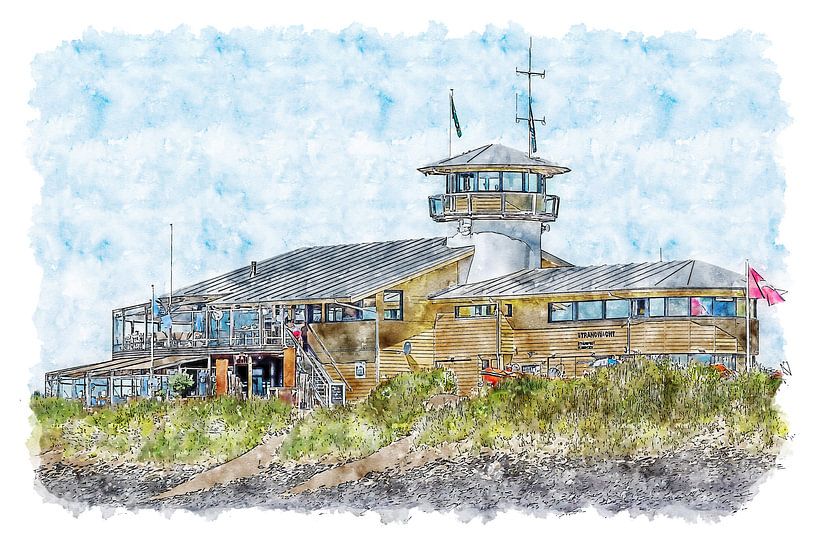 Pavillon de plage Panta Rhei, Au-dessus de la mer et le maître-nageur à Flessingue (aquarelle) par Art by Jeronimo