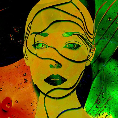 Surrealistisch Portret.  Vrouw in lichtgevende kleuren. Pop-art stijl