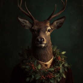 Porträt eines Rehs mit Winterkranz, dunklem Hintergrund und zeitloser Waldatmosphäre von But First Framing