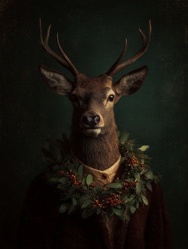 portrait of a deer with winter wreath, dark background and timeless forest atmosphere by But First Framing