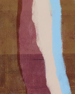 Retro 70s geïnspireerd schilderij met penseelstrepen in warm roze, roestbruin, neonblauw en gebroken wit van Dina Dankers