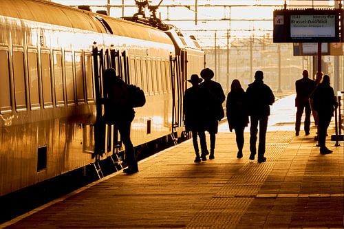 Silhouettes of train passengers