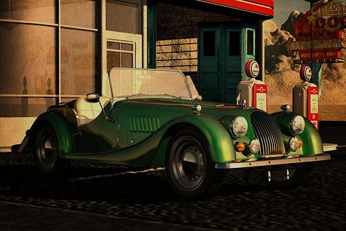 Morgan Plus 1960 met oldtimers Benzinestation