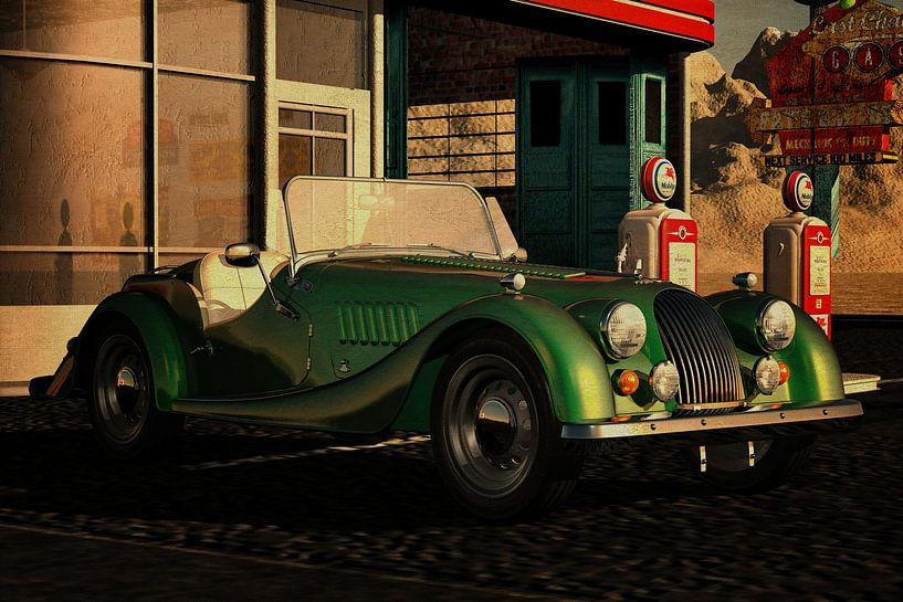 Morgan Plus 1960 met oldtimers Benzinestation van Jan Keteleer