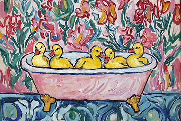 Cheerful ducklings in a pink bathtub by NJ Midnight Studio