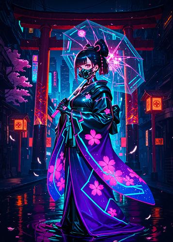 Cyberpunk Style Anime Kimono Girl Torii Gate Japan