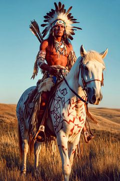 Indiaans opperhoofd op een wit paard van Poster Art Shop