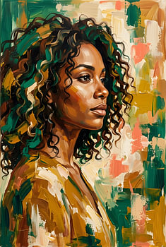 Levendig expressionistisch portret van een vrouw met krullen