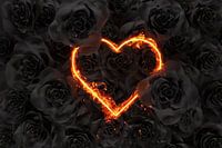 heart shape on fire in front of black roses
