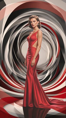 Tijdloze elegantie in rood – een abstract vrouwenportret