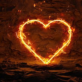 heart on fire and blazing lights rocky environment by Besa Art