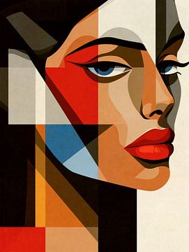 Kubistisch Visioen - Abstract Portret van Vrouwelijk Silhouet in Gedempte kleuren van Roger VDB