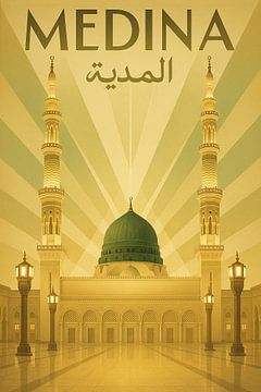 Medina Vintage Poster – Al-Masjid an-Nabawi & Green Dome Art by Travel Shop