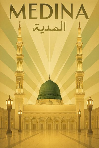 Medina Vintage Poster – Al-Masjid an-Nabawi &amp; Green Dome Art by Travel Shop