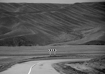 Zwart-witfoto van een straat in Kazachstan van Lensw0rld