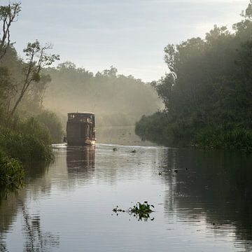 Flussboot bei Sonnenuntergang auf dem Sekonyer-Fluss