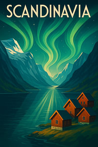 Skandinavien Art Deco Travel Poster - Nordlichter & Fjorde