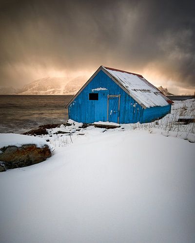 Blauwe vissershut tijdens sneeuwstorm op Godøy, Sunnmøre, Møre og Romsdal, Norway