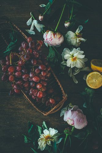 Still life of grapes, dahlias, peonies and lemon in old master style by From My Eyes