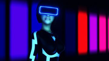 een jonge vrouw met een virtual reality headset in cyberspace (3d van Rainer Zapka