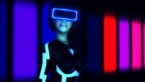 een jonge vrouw met een virtual reality headset in cyberspace (3d